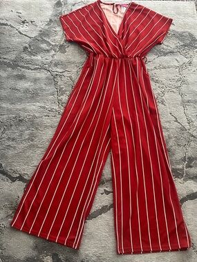 Striped Red Surplice Wide-Leg Jumpsuit
